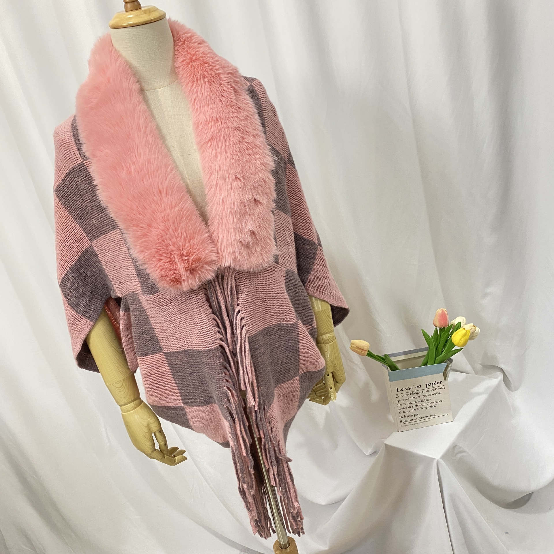 (2개) 2023 대외 무역 새로운 스타일 대형 격자 무늬 외부 니트 숄 따뜻한 술 두꺼운 대형 모피 칼라 니트 가디건