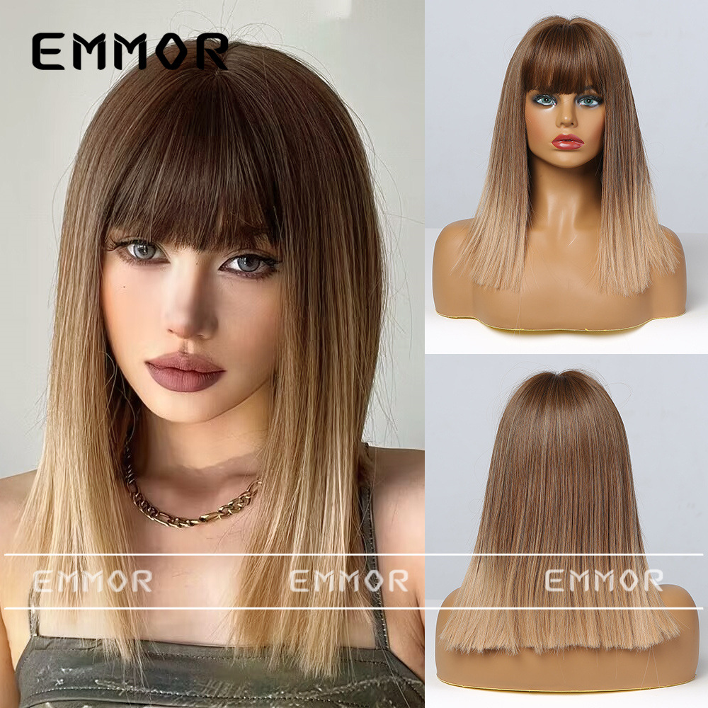 Emmor Europa y América Amazonas damas peluca marrón gradiente ruido franja media larga pelo recto cubierta de cabello gradiente