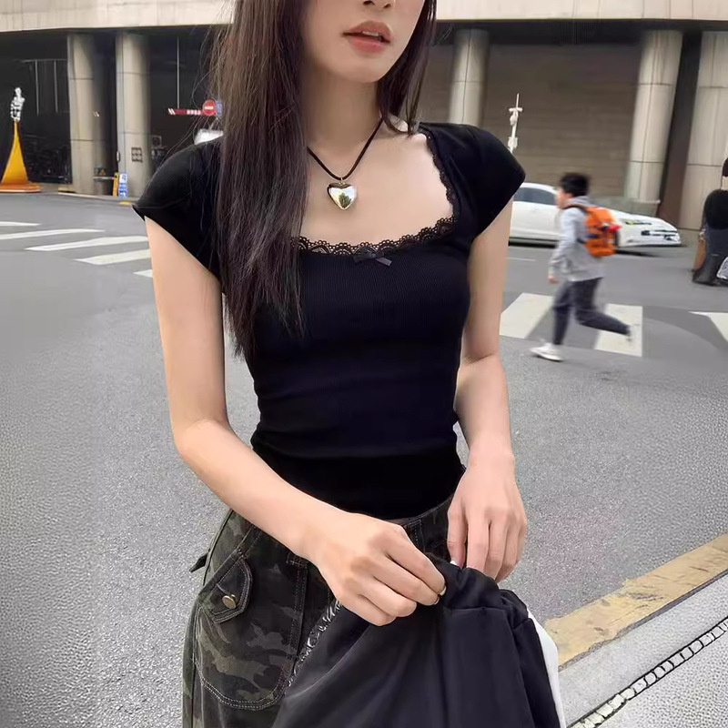 Ins Women's Sexy Square Collar Short Lace Short Sleeve T-Shirt Women's Summer Fashion Slim-fit Slimming Base Top Women's Wholesale