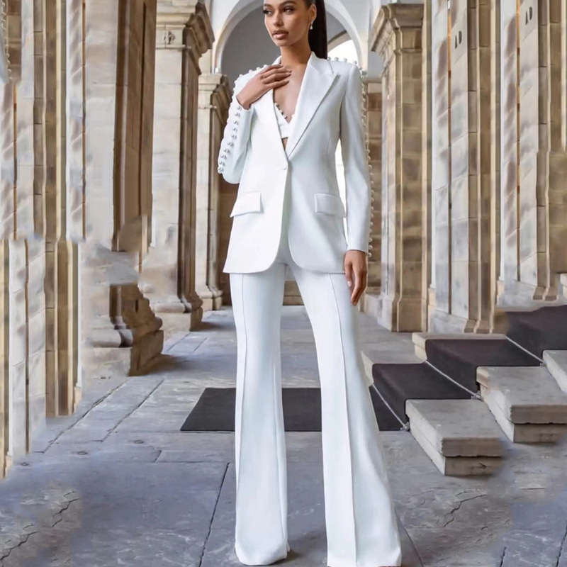 European and American style 2023 Spring and Autumn white mid-length suit top wide leg pants trousers fashion two-piece set temperament suit