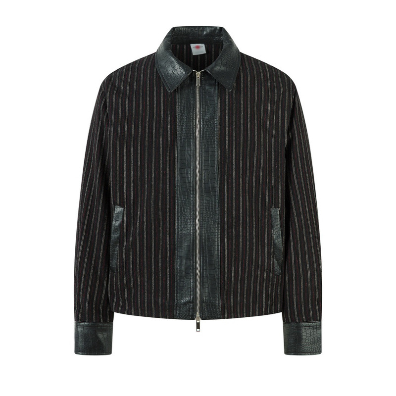 American Retro Vertical Striped Jacket Trendy Punk Autumn and Winter Men's Casual Patchwork Crocodile Pattern Pu Leather Lapel Jacket