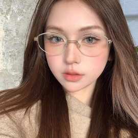 可配近视防蓝光眼镜纯欲风半框金属平光镜圆脸高级感镜架近视眼镜