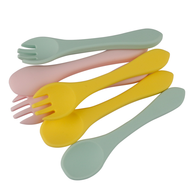 Baby Silicone Fork and Spoon Set for Training Eating Skills, Food-Grade Long-Handle Children's Tableware Set for Feeding