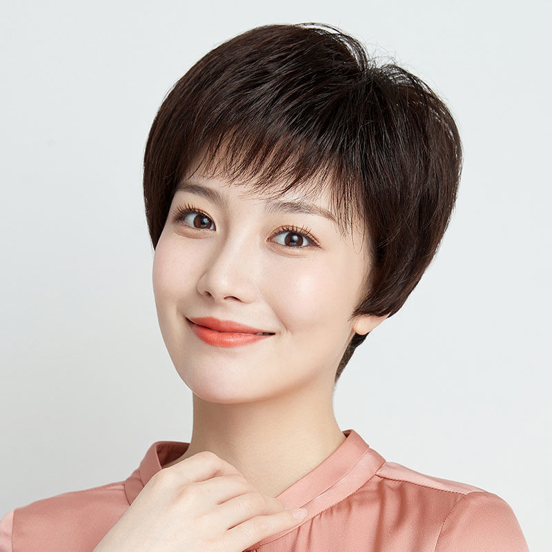 女性用ショートヘアウィッグ、本物の人毛、中高年ママ向けの本物の人毛、女性用フルヘッドギア、本物の人毛ウィッグ、ナチュラル|undefined