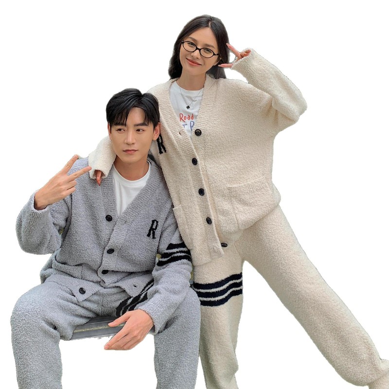 秋冬季半边绒情侣睡衣女加绒加厚R字开衫高级感舒适毛绒家居服男|undefined