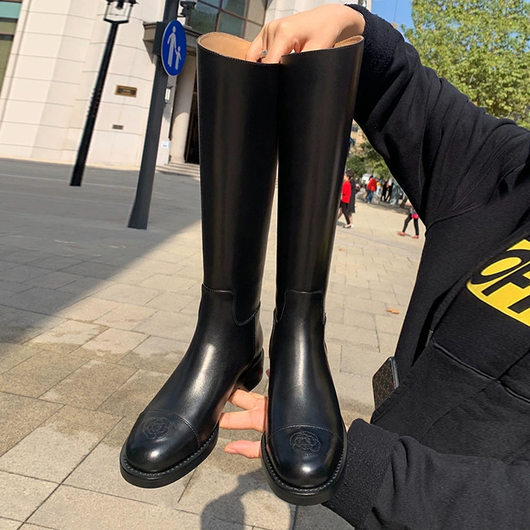 Первый слой воловьей кожи ~ Ботинки из натуральной кожи на толстой подошве Camellia для женщин, зимние ботинки на толстом каблуке, сапоги выше колена, велосипедные ботинки