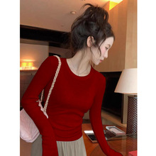 红色新年新年针织衫女秋冬新款紧身内搭外穿薄款毛衣长袖打底上衣