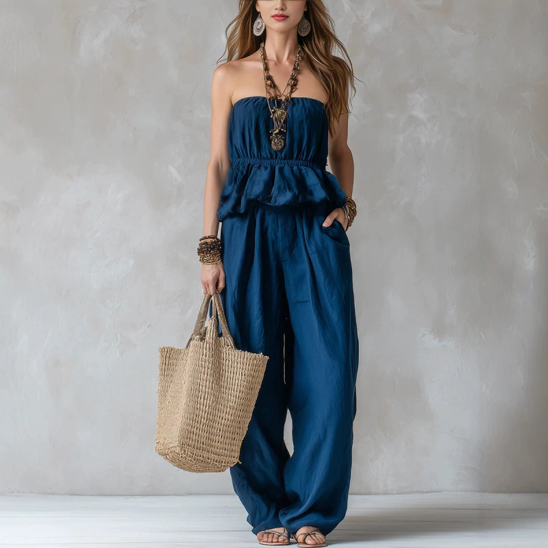 2026 Cross-Border European and American New Summer Bohemian Midnight Blue Ruffled Top and Wide-Leg Pants Set