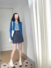 克莱因蓝色长袖针织衫女春秋季薄款修身短款开衫外搭毛衣外套上衣