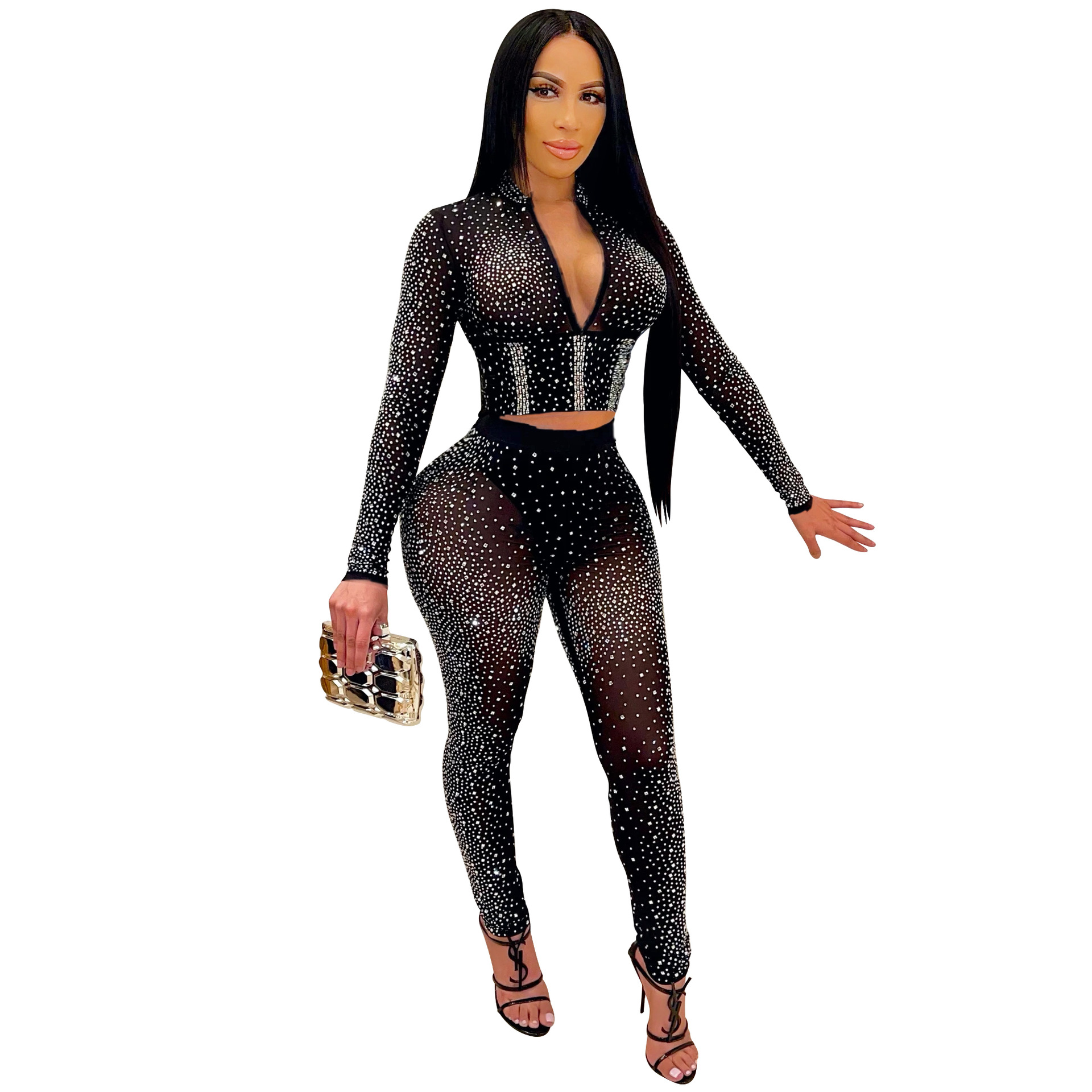 X5206 AliExpress Amazon moda europea y americana nueva discoteca caliente rhinestone cuello en V pantalones de manga larga traje de dos piezas de las mujeres