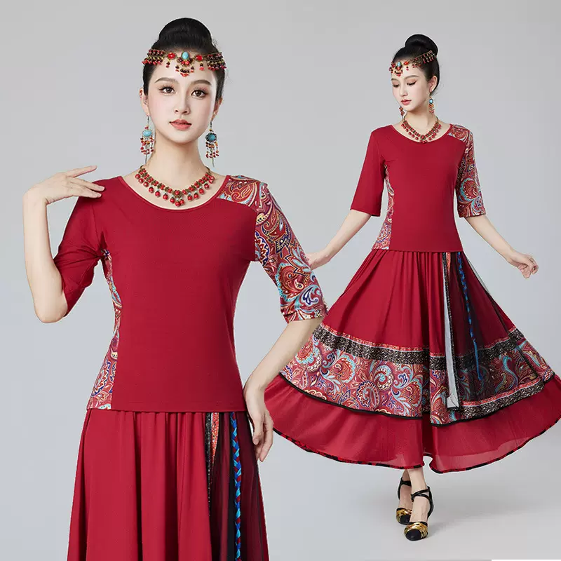 新款古典舞练功服复古民族风圆领中袖上衣长裙套装广场舞蹈演出服
