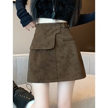 欧货洋气麂皮绒半身裙女大码棕色短裙秋冬新款胖mm显瘦短款包臀裙