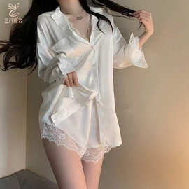 冰丝睡衣女夏性感家居服男友风衬衫蕾丝缎面短裤纯欲风白衬衫睡衣