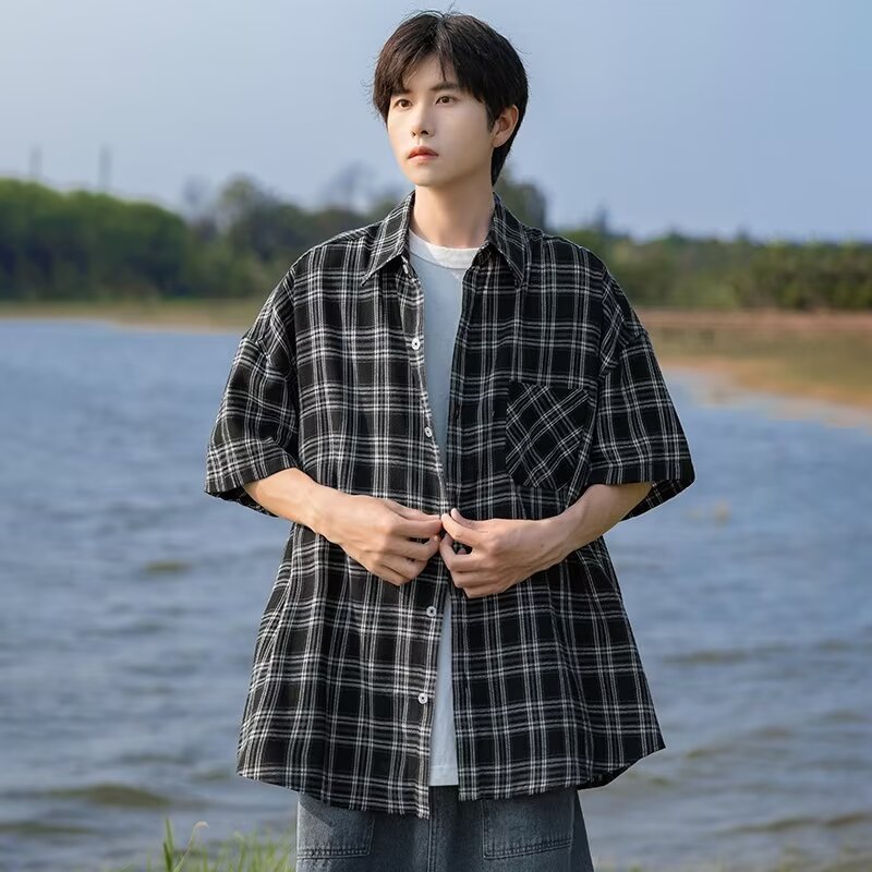 Men's Trendy Brand Plaid Jacket Summer New Oversized Short-sleeved Shirt Loose Hong Kong-style Casual Trendy Thin Shirt
