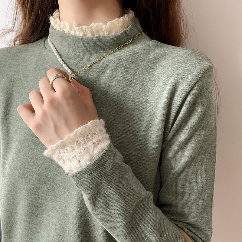 Cashmere bottoming shirt women's half turtleneck autumn and winter New long sleeve T-shirt lace Western style inner wear lazy style top