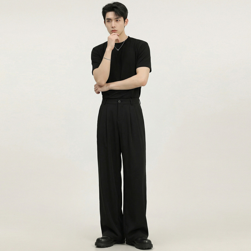 Black Suit Wide-Leg Pants for Men, Spring 2026 New Style, High-Waisted, Drapey, Casual Loose Straight Pants for Petite Individuals