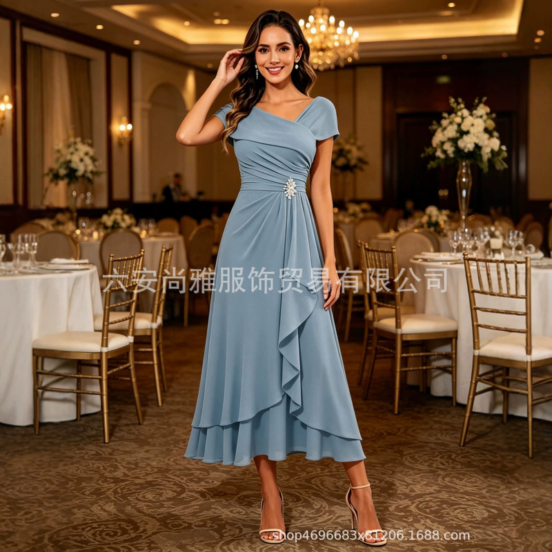 Amazon Women's Party Dress in Misty Blue with Pleated Double-Layered Ruffles, Mid-Length Wedding Bridesmaid Evening Gown Amazon Women's Party Dress in Misty Blue with Pleated Double-Layered Ruffles, Mid-Length Wedding Bridesmaid Evening Gown