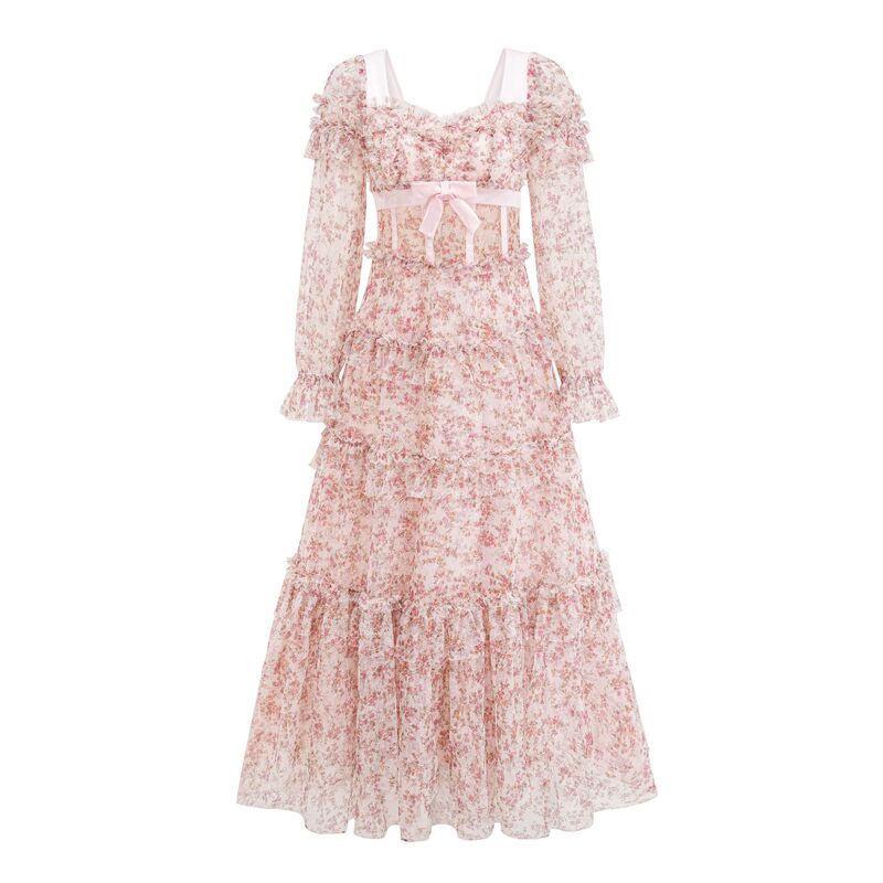 Sweet First-Love Floral Princess Dress with V-Neck, Puff Sleeves, and Mesh Cake-Style Long Skirt, Featuring a Gentle Style with Bow-Tie Waist Cinching