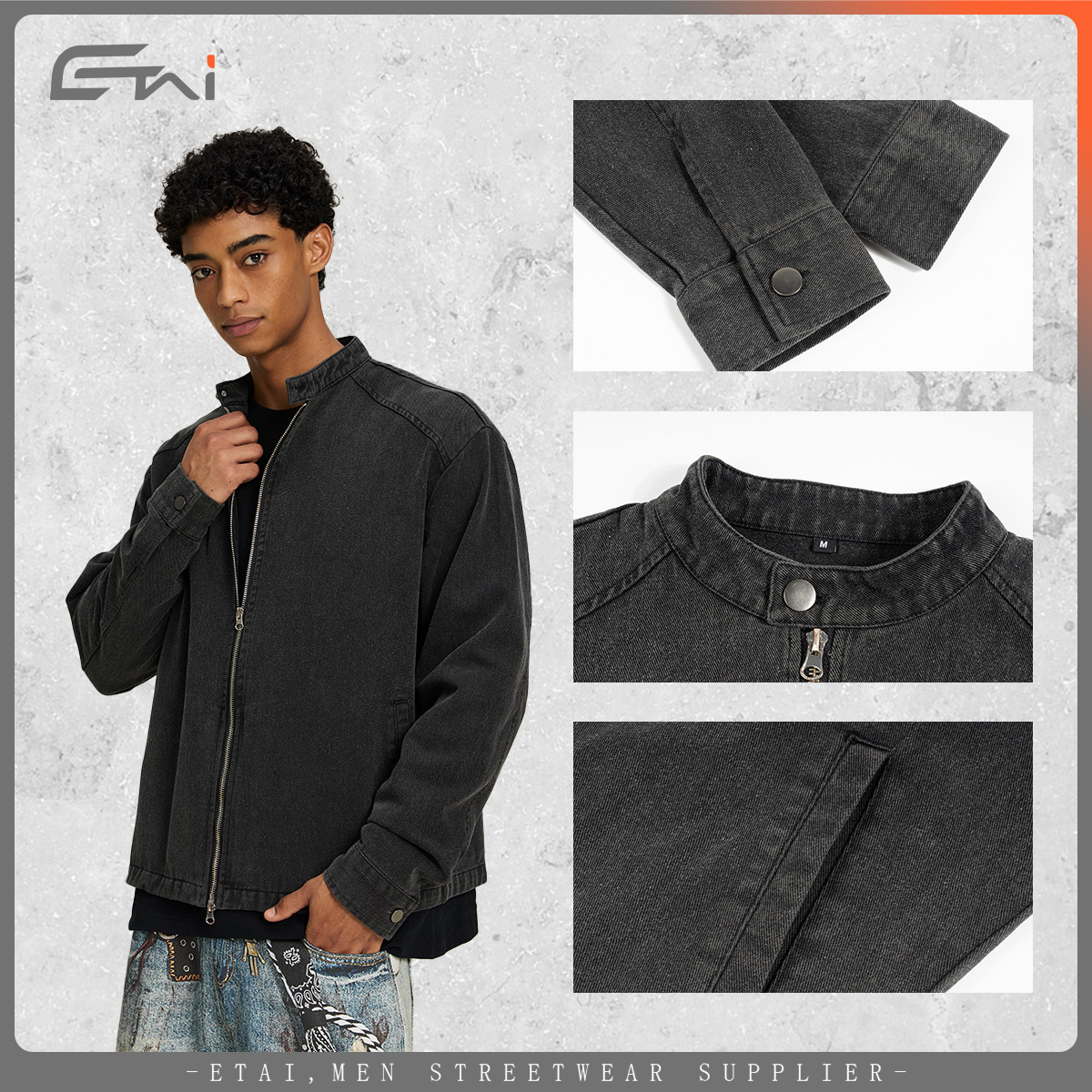 ETAI ropa de hombre nuevo estilo americano retro manga larga chaqueta de cuello para hombre versión corta y ancha marca de maras lavada con agua para hacer chaqueta vieja