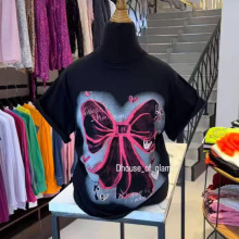 跨境300克短袖新款蝴蝶结重磅纯棉短袖T恤女夏季宽松百搭上衣