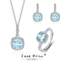 S925纯银海洋之心蓝色宝石欧美时尚首饰三件套装一套跨境代发