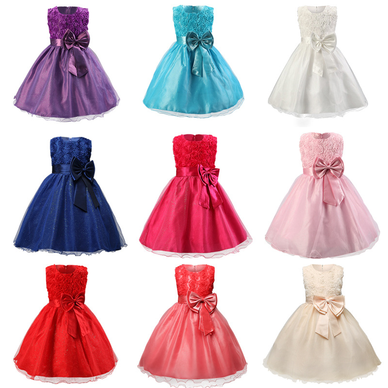 European and American Export Girls Princess Dress Mesh Skirt Sleeveless Bow Dress Rose Red Multi-Color Optional