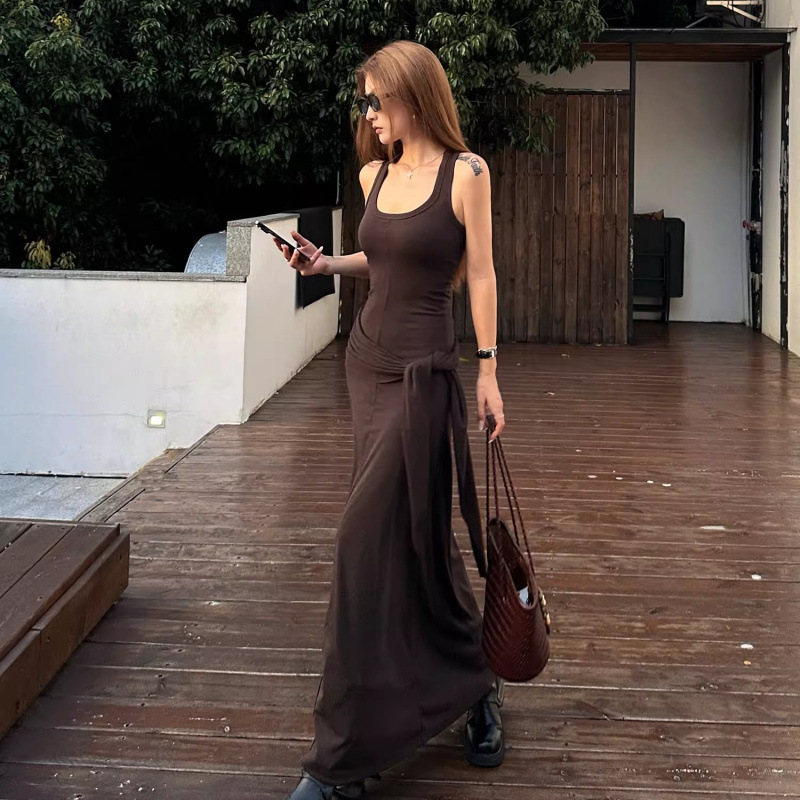 U-Neck Racerback Strap Dress, Waist-Cinching Melard Long Dress for Women in Autumn U-Neck Racerback Strap Dress, Waist-Cinching Melard Long Dress for Women in Autumn