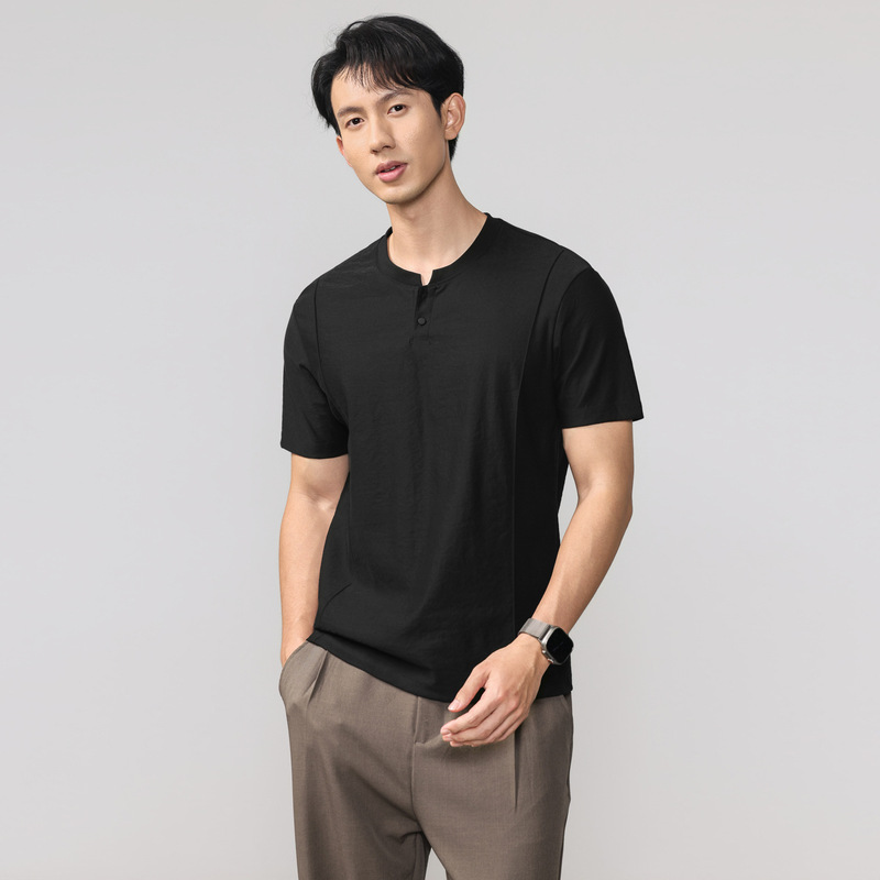 2026 Spring Men's Stand Collar Short Sleeve T-Shirt Simple Style Loose Cool Breathable Embroidered Youth Top Summer 2026 Spring Men's Stand Collar Short Sleeve T-Shirt Simple Style Loose Cool Breathable Embroidered Youth Top Summer