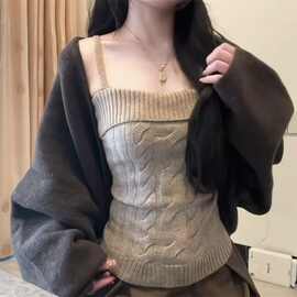 慵懒复古风套装春季新款修身麻花吊带女蝙蝠袖毛衣开衫针织两件套