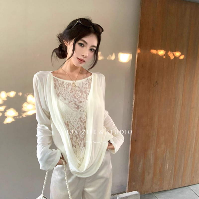 Blouse Summer Women's Tencel Wool Lace Swing Collar Front and Back Two-Wear Long-Sleeved T-Shirt Slightly See-Through Loose Sun Protection Top