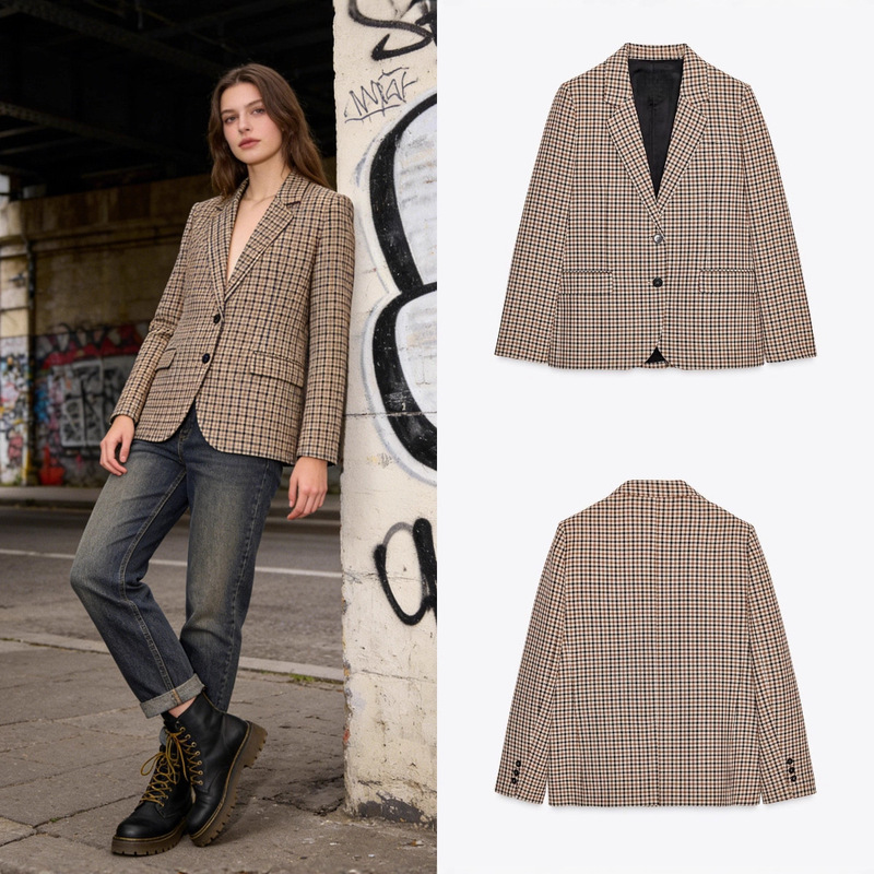Za Foreign Trade Cross-Border Wholesale European and American Style Women's Clothing Autumn New Casual Fashion Plaid Straight-Cut Blazer Za Foreign Trade Cross-Border Wholesale European and American Style Women's Clothing Autumn New Casual Fashion Plaid Straight-Cut Blazer