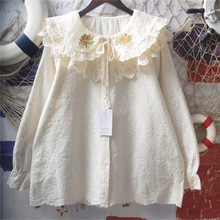 日系软妹小众法式欧根纱绣花双层娃娃领系带蝴蝶结长袖衬衫上衣女
