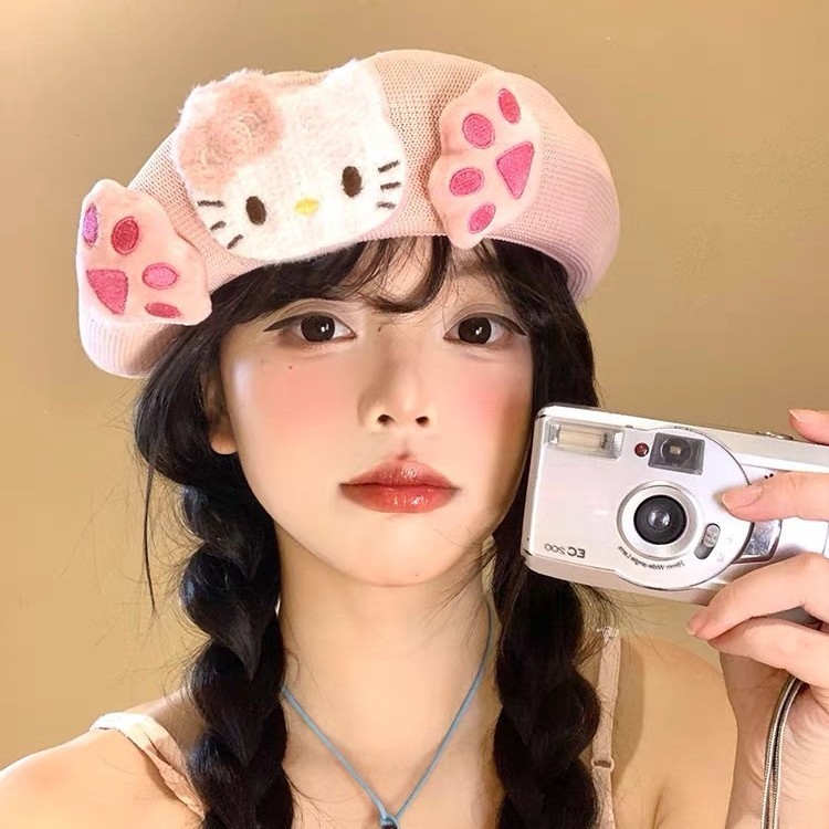 粉色Kitty猫咪贝雷帽女夏季薄款透气可爱帽子显脸小画家帽子批发|undefined