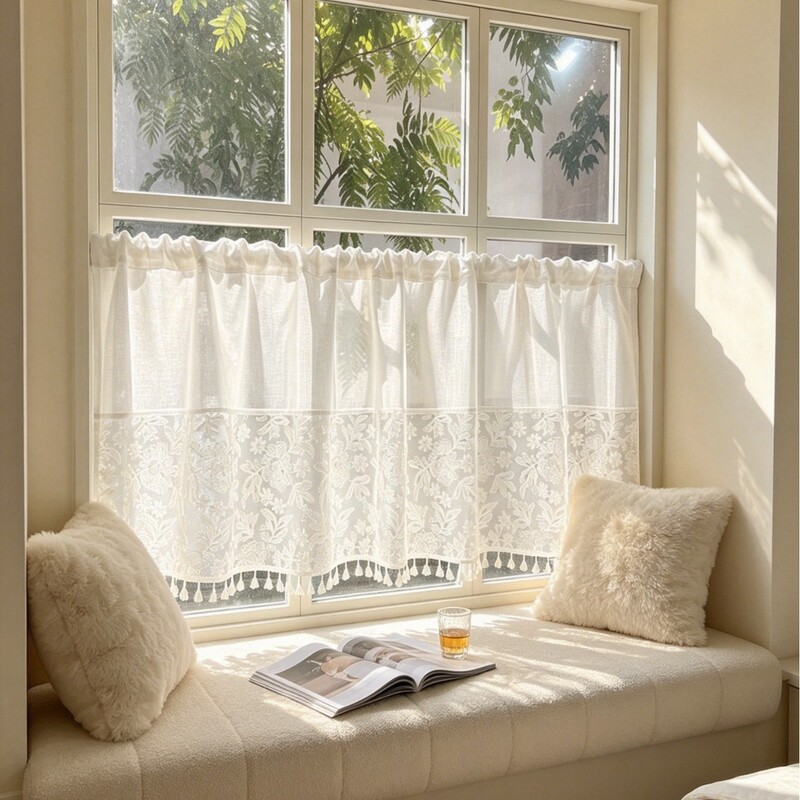 French-style solid color embroidered window sheer lace curtain, no-drill rod-through short curtain for bay windows, balconies, and cabinet coverings