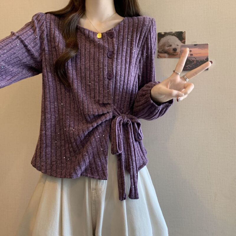 Plus Size Sequined Asymmetrical Knitted Tops for Women in Autumn and Winter Fat mm Slimming Look Lace-Up Design Right Shoulder Long-Sleeved T-Shirts