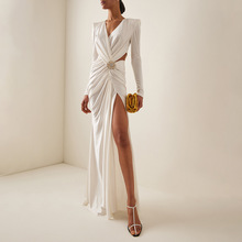亚马逊白色长袖抽褶镂空V领交叉连衣裙跨境金属欧美女装法式长裙