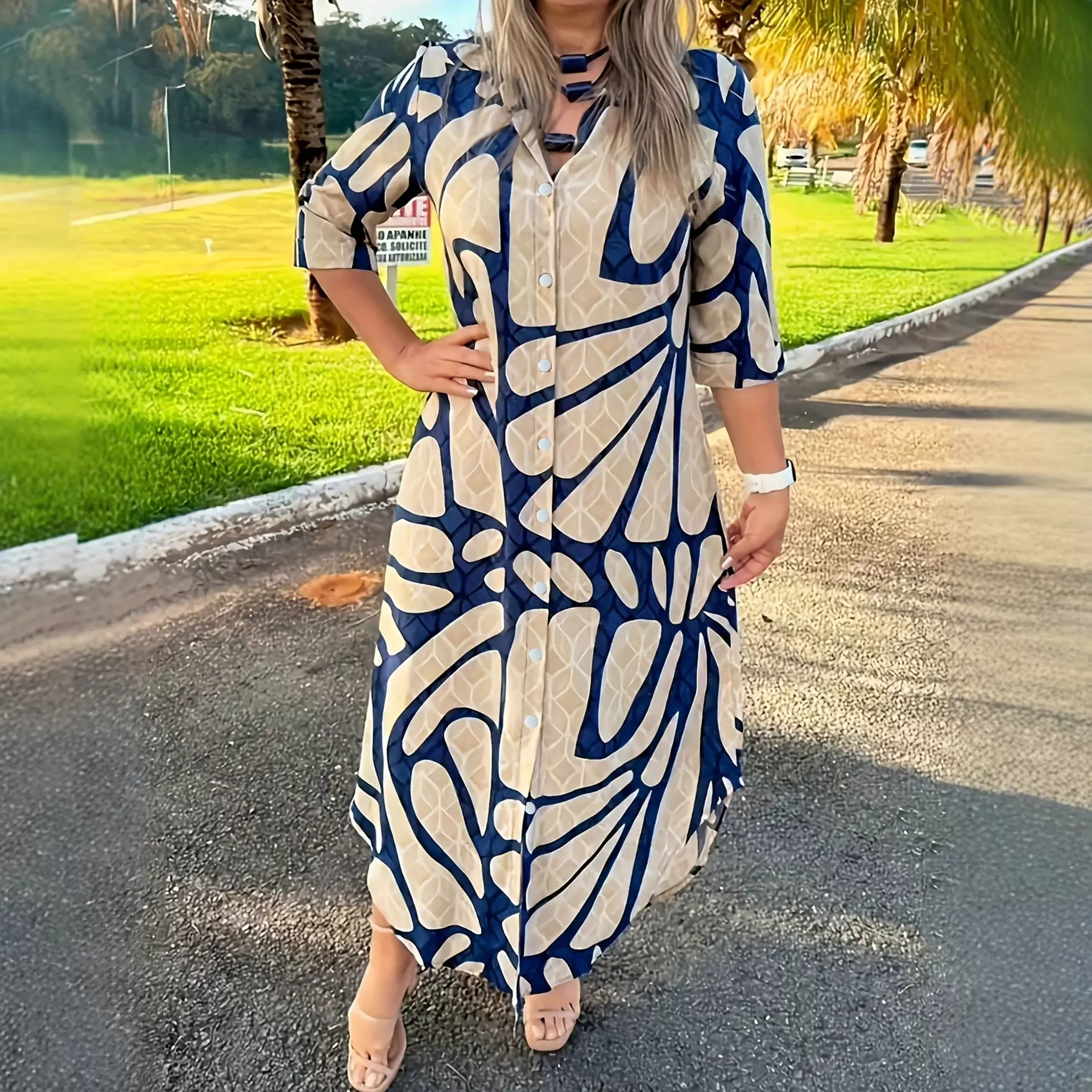 跨境新款外贸女装纽扣前襟衬衫连衣裙时尚优雅休闲百搭宽松长裙