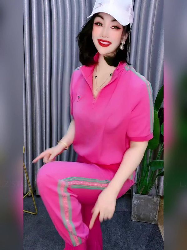 Summer Dopamine Wear Women's High-end Rose Red Short-sleeved T-shirt Leg-toe Casual Sports Pants Two-piece Suit