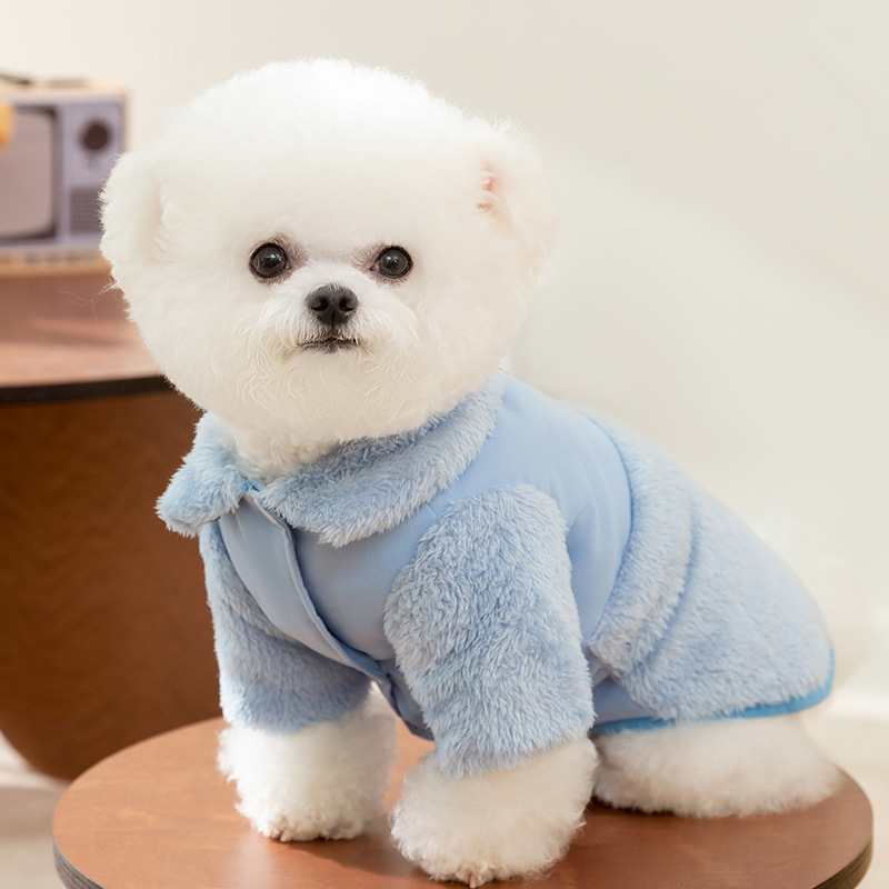 Color azul macarón doble cara simple ropa de algodón collar peluche dos pies de manga larga invierno mascota ropa de perro al por mayor image 4
