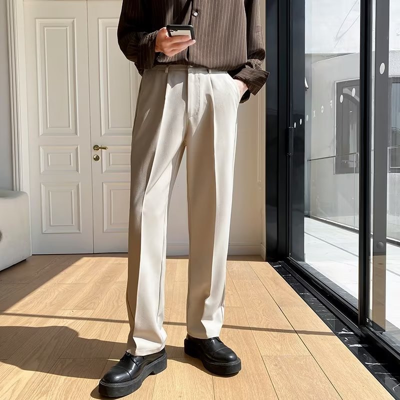 Primavera y otoño Corea del Sur celebridad de Internet drapeado pantalones de traje recto hombres sueltos coreano casual blanco Pantalones anchos pantalones de fregona