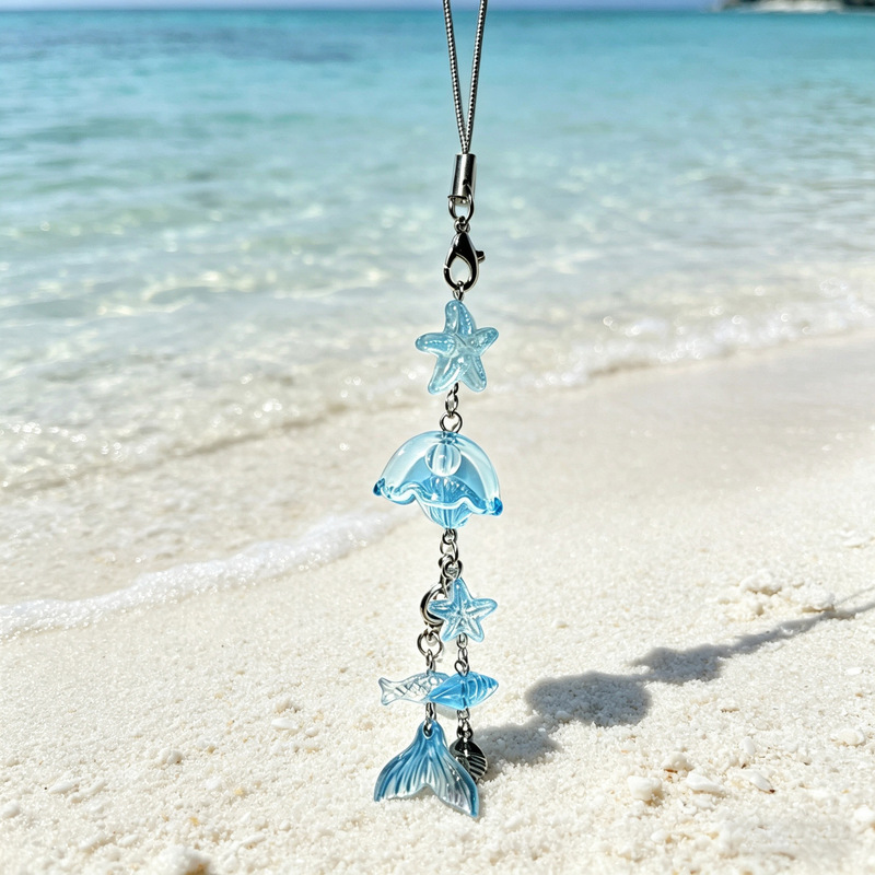 Sea blue CCD lanyard with jellyfish and fishbone design, niche design for girls, ins-style phone chain, sweet and simple keychain Sea blue CCD lanyard with jellyfish and fishbone design, niche design for girls, ins-style phone chain, sweet and simple keychain