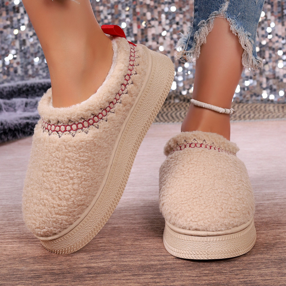 Vastag talpú báránygyapjúból készült, szélálló, téli, baotou félpapucs, női, új, csipkés, gyapjas, hótaposós, pamut papucs_voghion.com