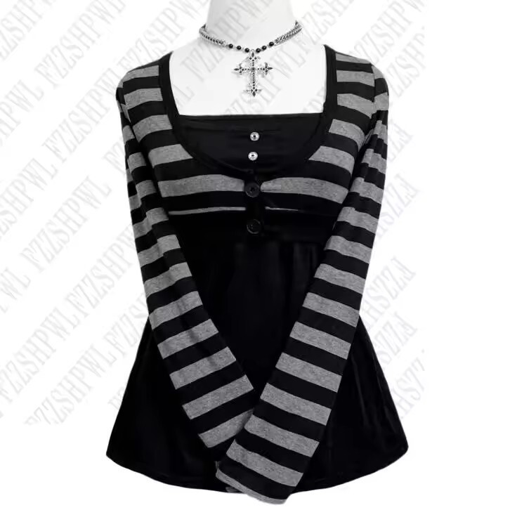 Y2K European and American Style Gothic Street Casual Stripesd Splicing Long-Sleeved Square Collar Button Decoration Slimming Look T-Shirt Top Y2K European and American Style Gothic Street Casual Stripesd Splicing Long-Sleeved Square Collar Button Decoration Slimming Look T-Shirt Top