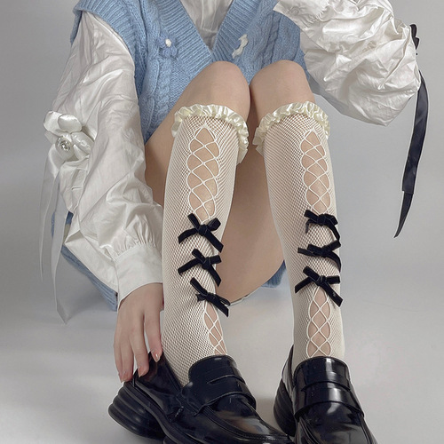 Pure lust style sweet lace hollow fishnet stockings velvet bow socks women's calf socks JK pile socks