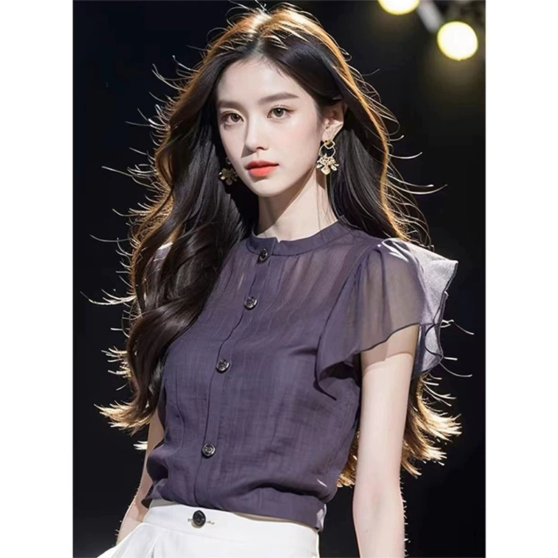 Фиолетовый рубашка с короткими рукавами женский 2025 новый летний темперамент маленькая рубашка уникальный шифоновый рубашка высокого класса маленький летающий рукав топ