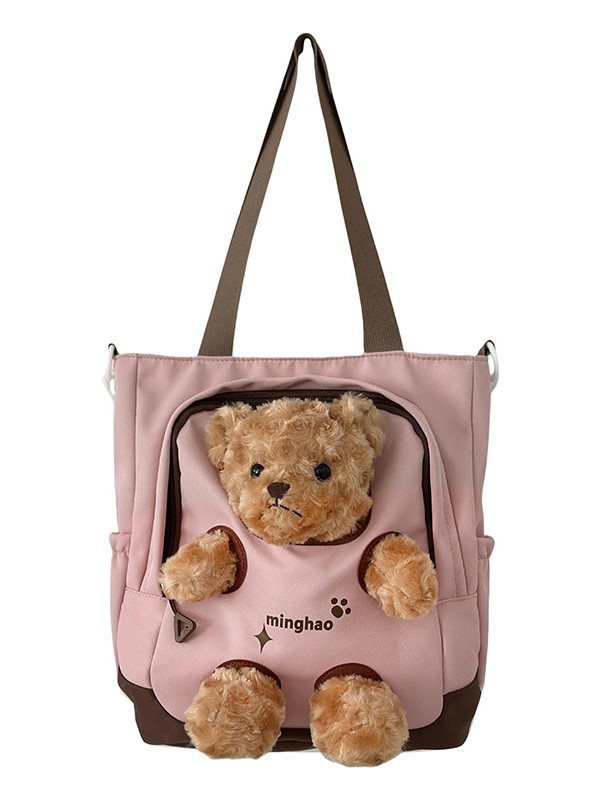 Cute Doll Canvas Bag for Women Large Capacity Bear Plush Crossbody Tote Bag for Girls Junior High School Students Handbag