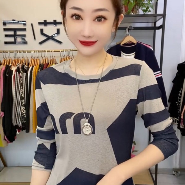 2025新款高档保暖德绒印花圆领打底长袖T恤时尚洋气百搭显瘦上衣|undefined