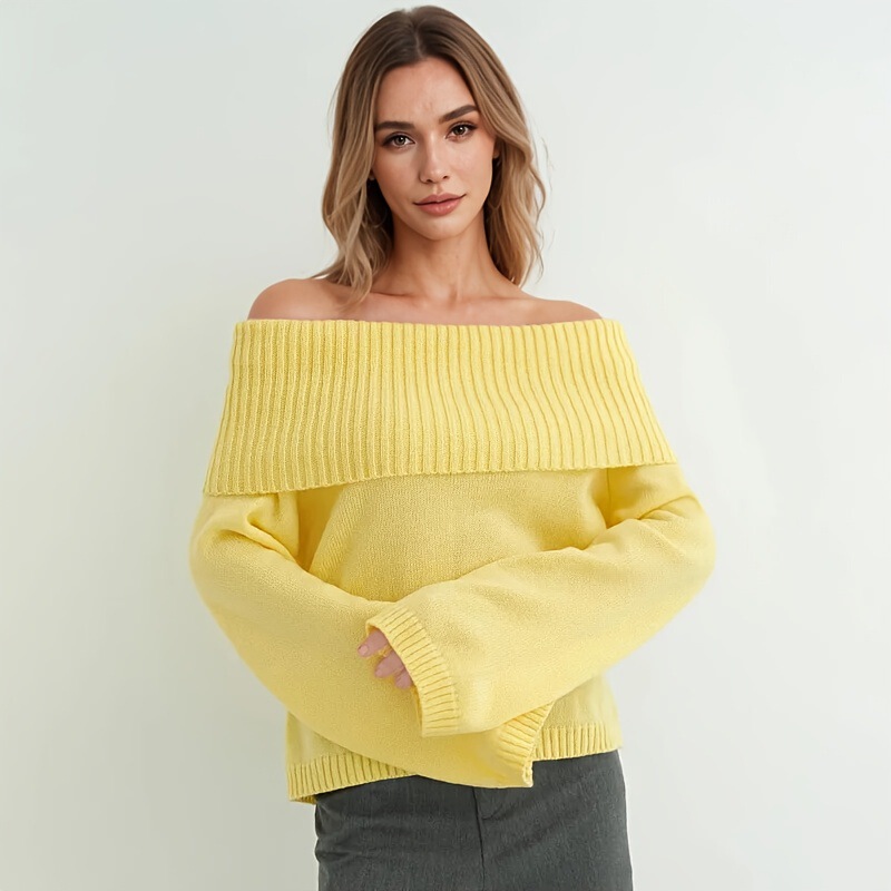 European and American cross-border off-shoulder casual loose one-shoulder solid color knitted plus-size new women's pullover autumn and winter sweater European and American cross-border off-shoulder casual loose one-shoulder solid color knitted plus-size new women's pullover autumn and winter sweater