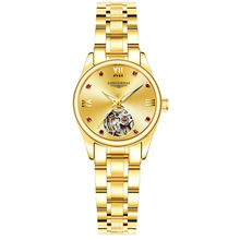 LH0909全自動機械女士鋼帶手表金色鏤空簡約女表