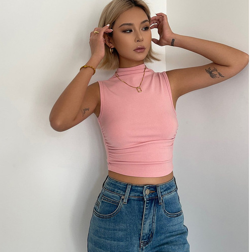 Summer new hot girl vest half high collar sleeveless slim waist sexy pleated slimming base T-shirt top trend